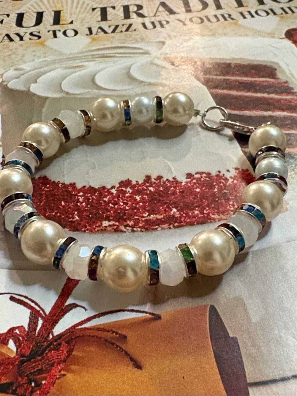 Artisan Pearl Bracelet with Blue and Green Crystal Accents